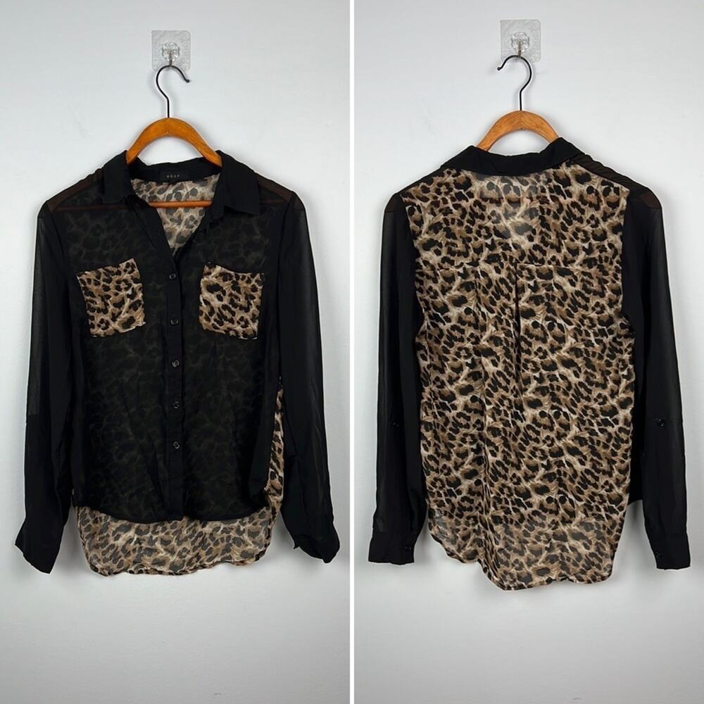 Edge small leopard print sheer button down front pocket blouse - Picture 1 of 8
